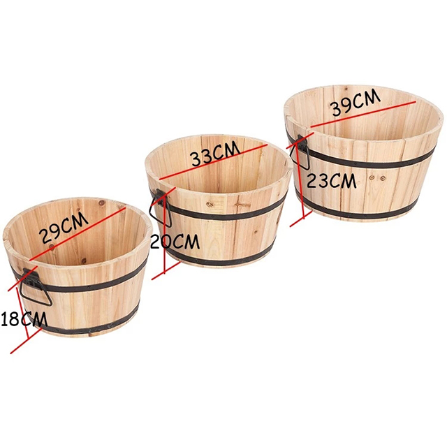 Wooden Barrel Set of 3 Indoor Outdoor Wood Barrel Planter With Drainage Holes Circular Natural Wooden Planter Wooden Bucket